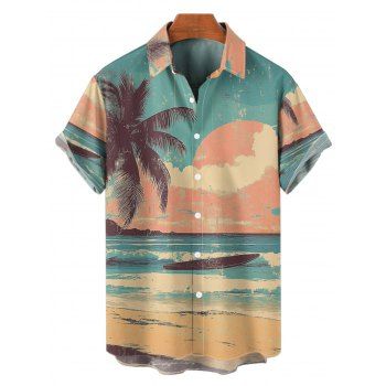 Palm Tree Beach Sunset Scenic Print Flutter Sleeve V Neck Midi Dress And Short Sleeve Shirt Vacation Outfit