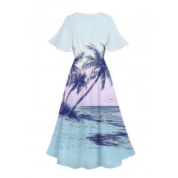 Palm Tree Beach Scenic Print Flutter Sleeve Dress And Short Sleeve Button Up Vacation Shirt Outfit