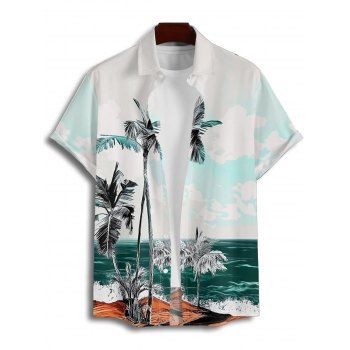 Beach Palm Tree Scenic Print Flutter Sleeve V Neck Midi Dress And Short Sleeve Shirt Vacation Outfit