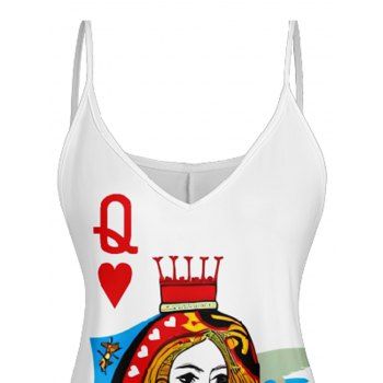 Queen of Heart  Playing Card Print V Neck High Waist Spaghetti Strap Dress Sleeveless Summer A Line Cami Dress 