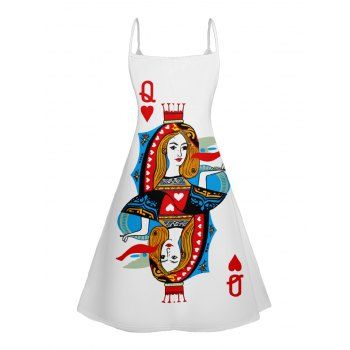 Queen of Heart  Playing Card Print V Neck High Waist Spaghetti Strap Dress Sleeveless Summer A Line Cami Dress 