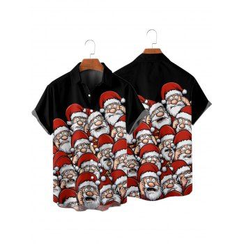 Santa Claus Print Christmas Short Sleeve Shirt Button Up Turndown Collar Xmas Shirt