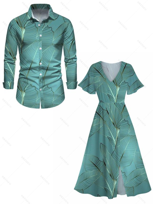 Leaf Texture Print Flutter Sleeve V Neck Split Hem Midi Dress And Long Sleeve Button Up Shirt Matching Outfit - Vert clair S | US 4