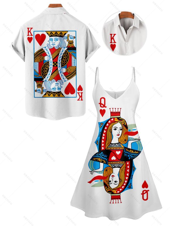 Playing Card Print V Neck High Waist Spaghetti Strap Dress and Roll Up Sleeve Shirt Outfit - Bleu S | US 4