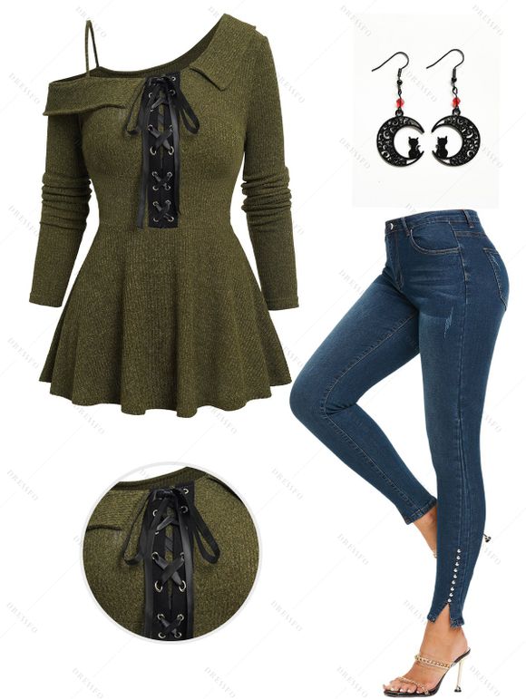 Lace Up One Shoulder Knitwear Top And Studded Slit Skinny Jeans Cat Gothic Drop Earrings Outfit - Vert profond S | US 4