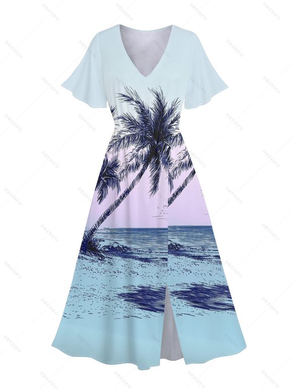 Robe de Vacances Scène de Palmier à Manches Bouffantes à Col V - Bleu clair XL | US 12