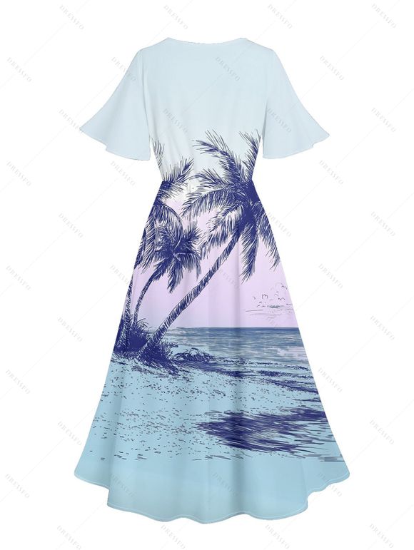 Robe de Vacances Scène de Palmier à Manches Bouffantes à Col V - Bleu clair XL | US 12