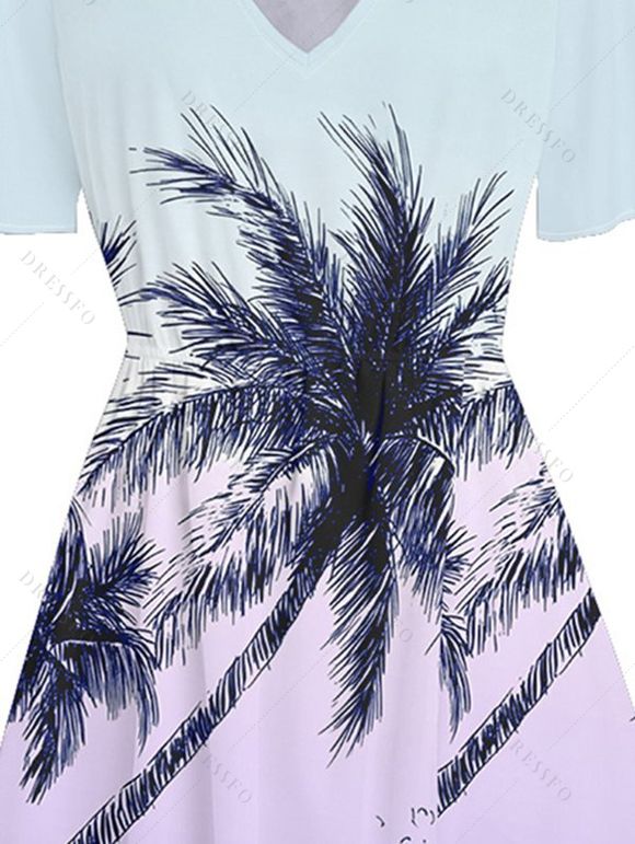 Robe de Vacances Scène de Palmier à Manches Bouffantes à Col V - Bleu clair XL | US 12