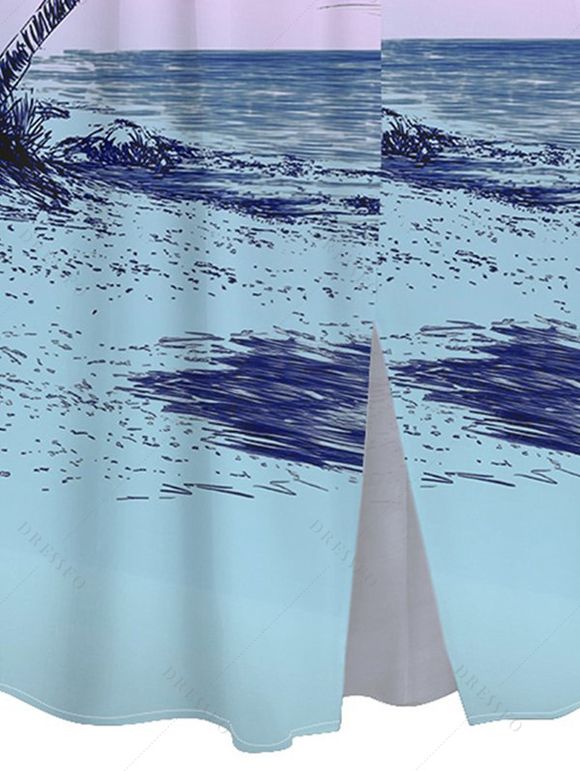 Robe de Vacances Scène de Palmier à Manches Bouffantes à Col V - Bleu clair XL | US 12