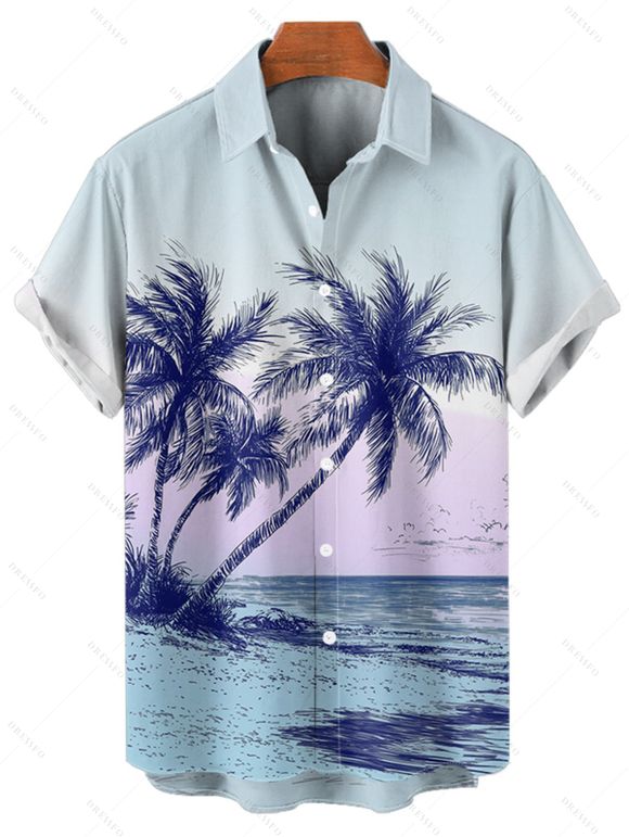 Chemise de Plage de Vacances Scène de Palmier Ombré Imprimé à Manches Courtes - Bleu clair L