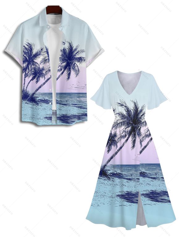 Palm Tree Beach Scenic Print Flutter Sleeve Dress And Short Sleeve Button Up Vacation Shirt Outfit - Bleu clair S