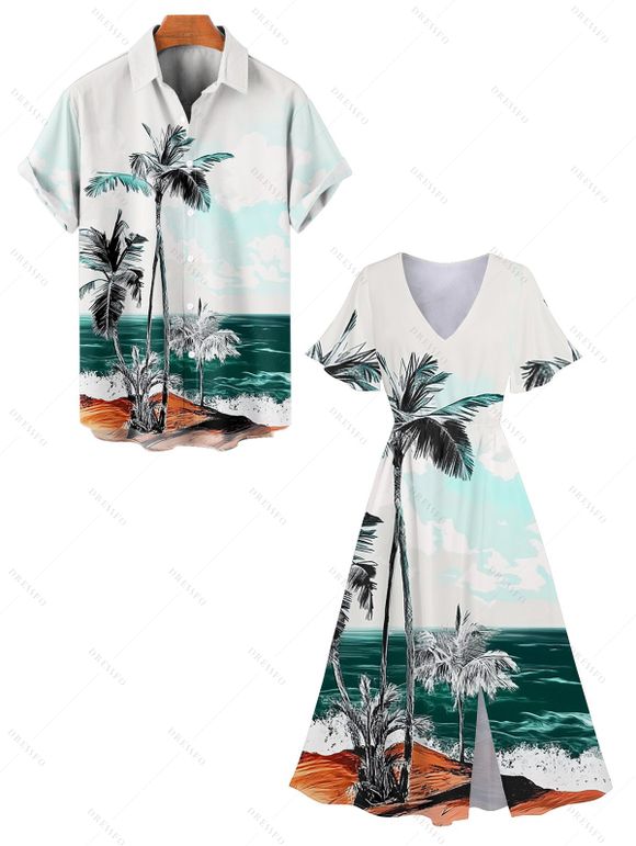 Beach Palm Tree Scenic Print Flutter Sleeve V Neck Midi Dress And Short Sleeve Shirt Vacation Outfit - Vert profond S