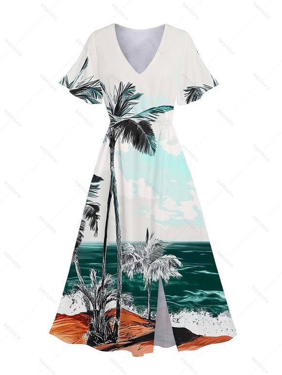 Beach Palm Tree Scenic Print Flutter Sleeve V Neck Midi Dress And Short Sleeve Shirt Vacation Hawaii Outfit - Vert profond S
