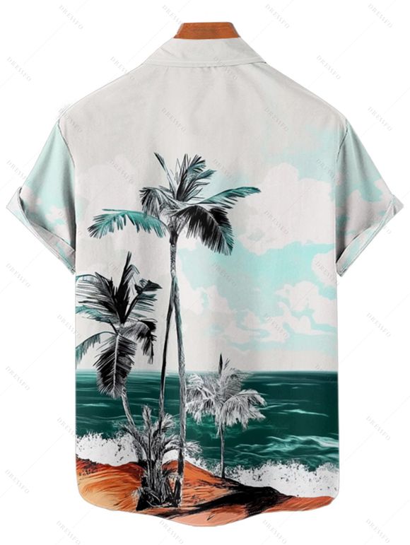 Beach Palm Tree Scenic Print Flutter Sleeve V Neck Midi Dress And Short Sleeve Shirt Vacation Hawaii Outfit - Vert profond S