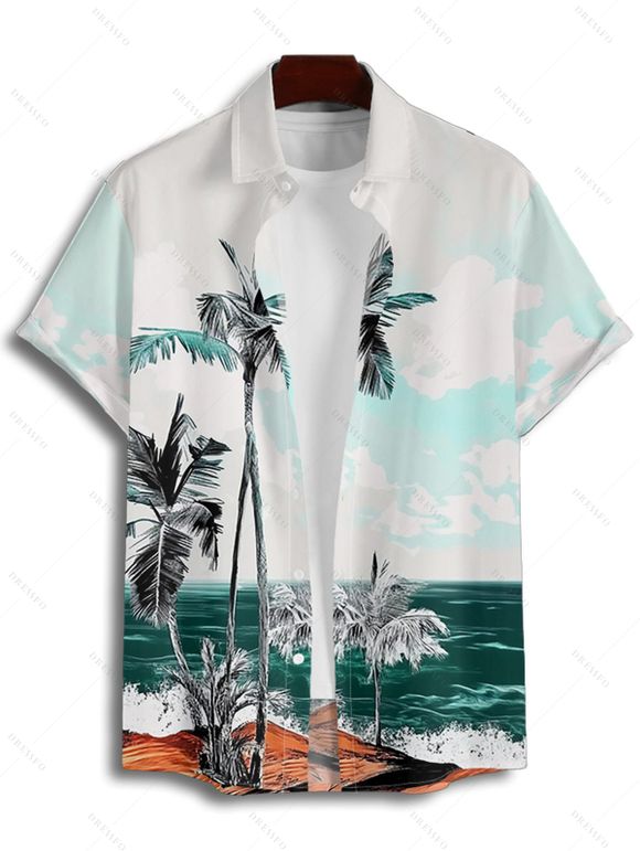Beach Palm Tree Scenic Print Flutter Sleeve V Neck Midi Dress And Short Sleeve Shirt Vacation Hawaii Outfit - Vert profond S