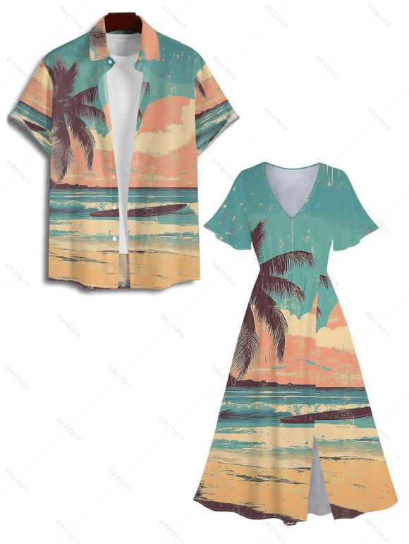 Palm Tree Beach Sunset Scenic Print Flutter Sleeve V Neck Midi Dress And Short Sleeve Shirt Vacation Outfit - Vert clair S