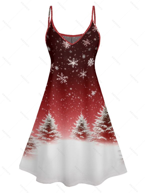 Robe Trapèze avec Bretelles Spaghetti Imprimé Flocons de Neige et Sapin de Noël - Rouge foncé M | US 6