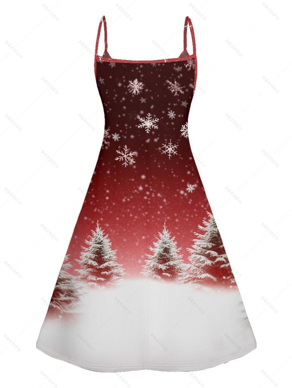 Robe Trapèze avec Bretelles Spaghetti Imprimé Flocons de Neige et Sapin de Noël - Rouge foncé XL | US 12