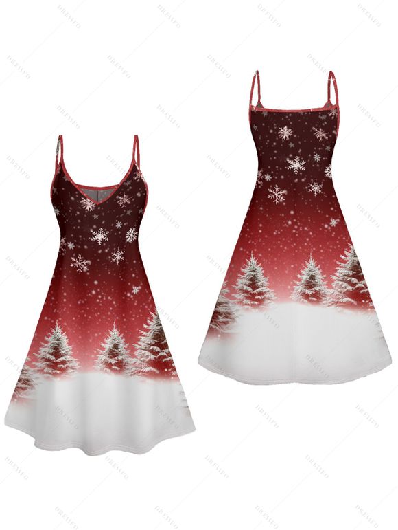 Robe Trapèze avec Bretelles Spaghetti Imprimé Flocons de Neige et Sapin de Noël - Rouge foncé XL | US 12