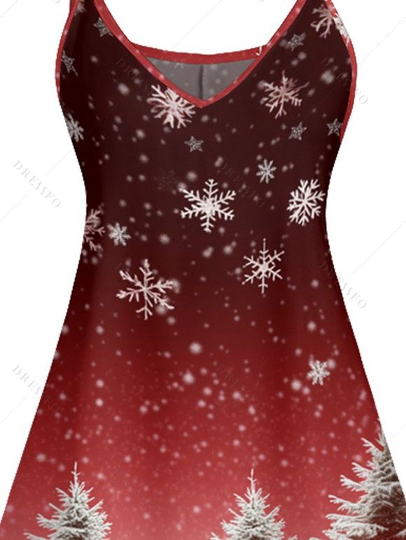 Robe Trapèze avec Bretelles Spaghetti Imprimé Flocons de Neige et Sapin de Noël - Rouge foncé XL | US 12