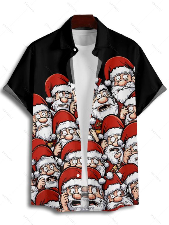 Chemise Boutonnée Père Noël Imprimé Manches Courtes à Col Relevé - Noir L