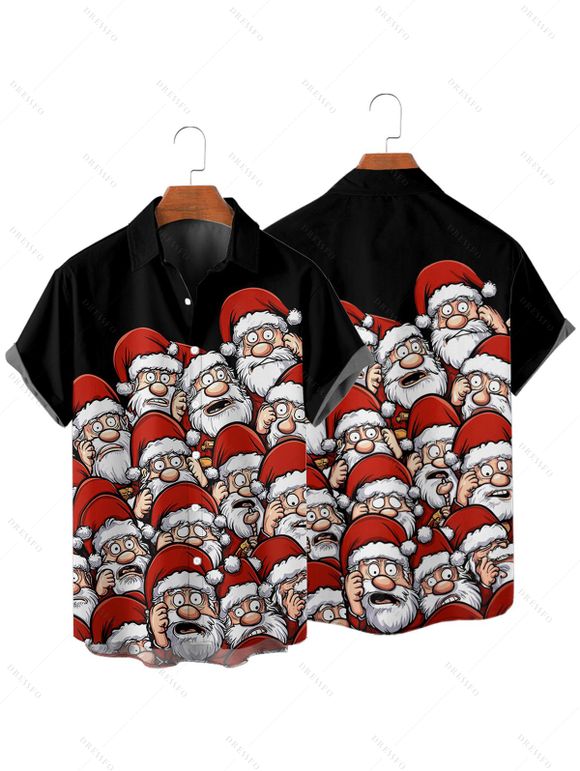 Chemise Boutonnée Père Noël Imprimé Manches Courtes à Col Relevé - Noir L