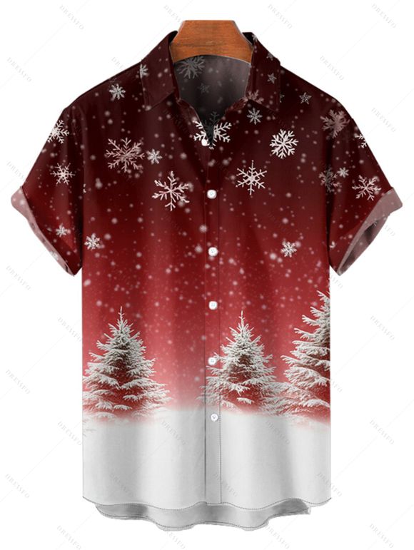 Chemise Manches Courtes avec Col Rabattu à Imprimé Sapins de Noël et Flocons de Neige - Rouge foncé M