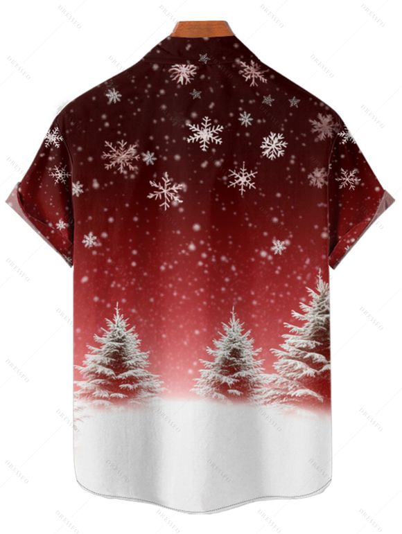 Chemise Manches Courtes avec Col Rabattu à Imprimé Sapins de Noël et Flocons de Neige - Rouge foncé 2XL