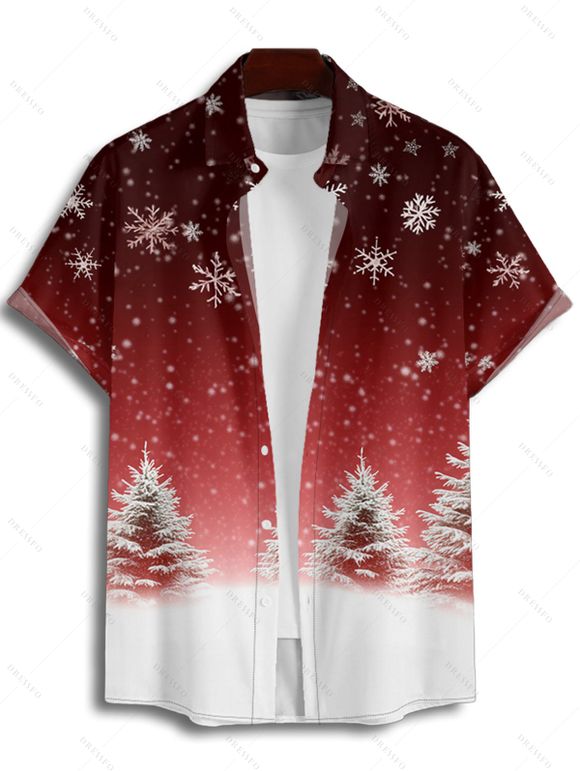 Chemise Manches Courtes avec Col Rabattu à Imprimé Sapins de Noël et Flocons de Neige - Rouge foncé 2XL