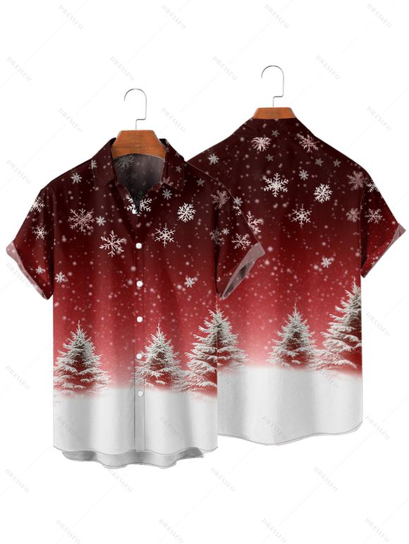 Chemise Manches Courtes avec Col Rabattu à Imprimé Sapins de Noël et Flocons de Neige - Rouge foncé 2XL