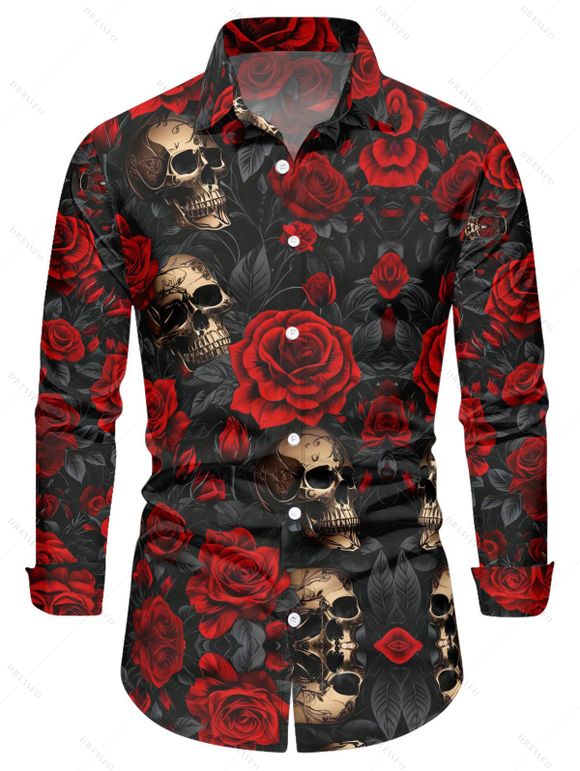 Chemise Gothique Rose Crâne Imprimés Partout à Manches Longues - Noir 4XL