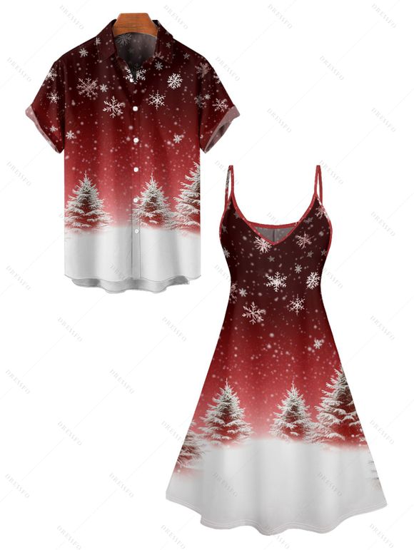 Christmas Tree Snowflake Print V Neck A Line Dress And Short Sleeve Shirt Xmas Outfit - Rouge foncé S | US 4