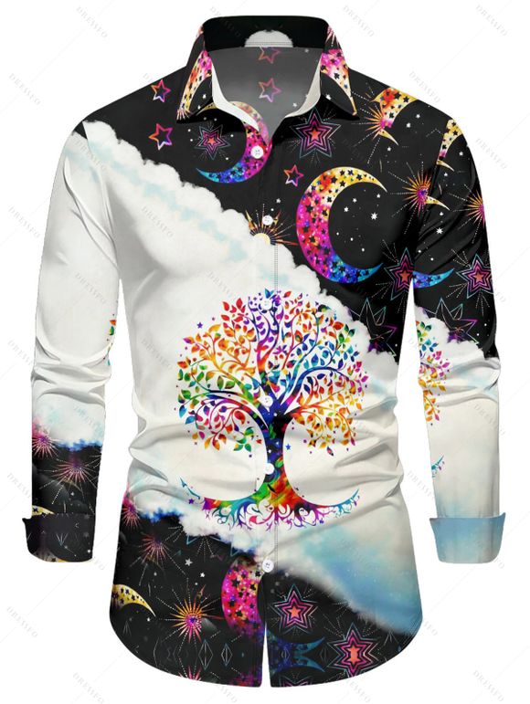 Chemise à Manches Longues avec Col Rabattu à Imprimé Arbre de Vie et Couleurs Contrastées - Blanc 2XL