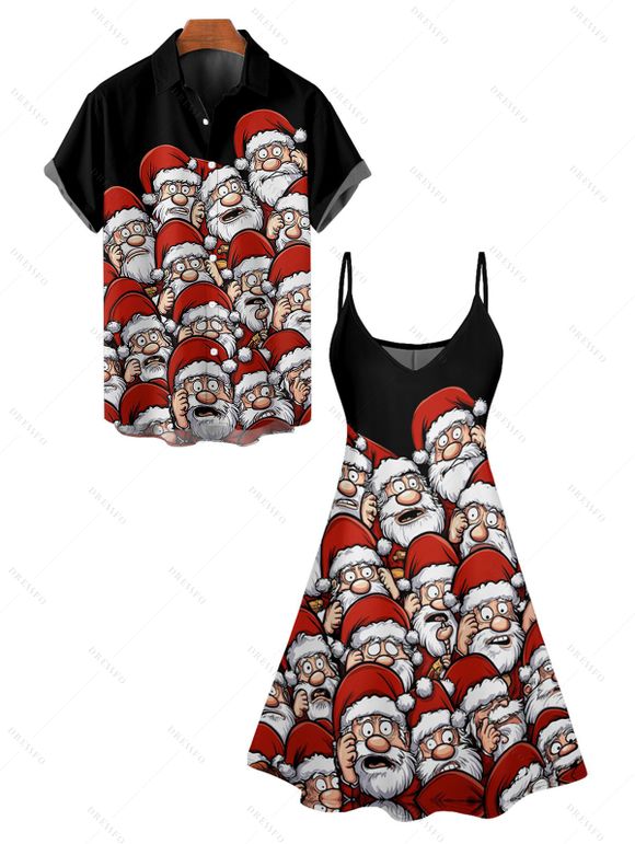 Christmas Santa Claus Print Spaghetti Strap V Neck Mini Dress And Short Sleeve Shirt Xmas Outfit - Noir S | US 4