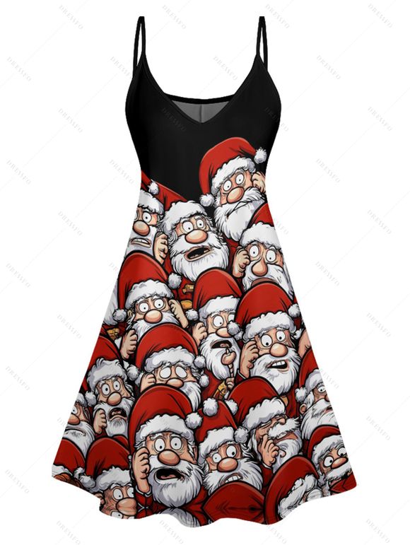 Christmas Santa Claus Print Spaghetti Strap V Neck Mini Dress And Short Sleeve Shirt Xmas Outfit - Noir S | US 4