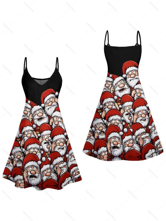 Christmas Santa Claus Print Spaghetti Strap V Neck Mini Dress And Short Sleeve Shirt Xmas Outfit - Noir S | US 4