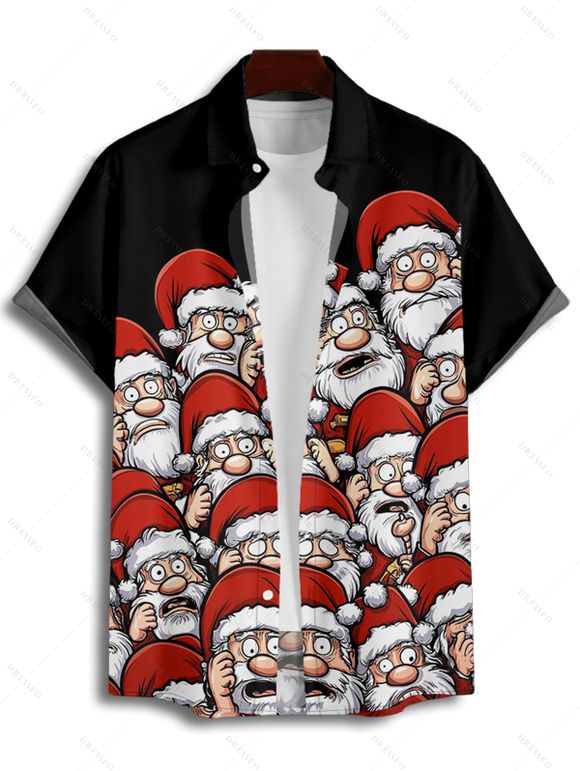 Christmas Santa Claus Print Spaghetti Strap V Neck Mini Dress And Short Sleeve Shirt Xmas Outfit - Noir S | US 4