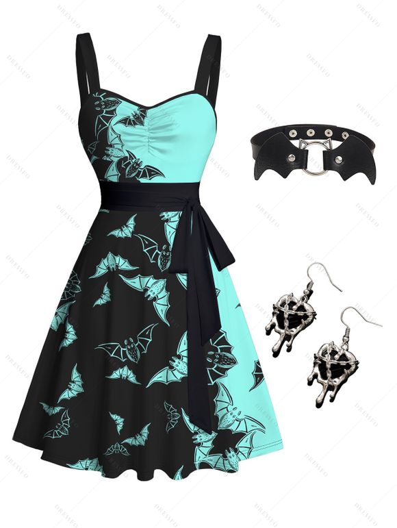 Halloween Contrast Color Bat Print Ruched Belt Dress And Heart Shape Drop Earrings Faux Leather Choker Necklace Outfit - Noir S | US 4