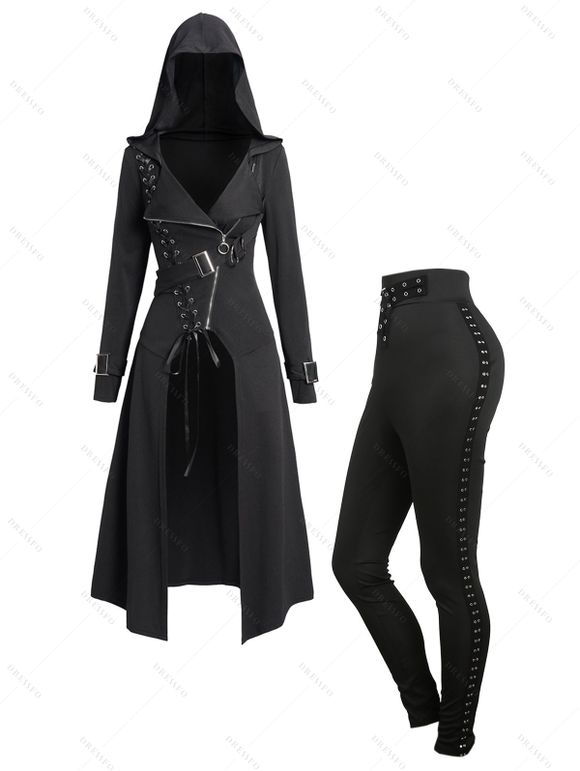 Punk Gothic Hooded Coat and Buckle Grommet Waist Long Pants Outfit - Noir S | US 4