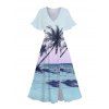 Robe de Vacances Scène de Palmier à Manches Bouffantes à Col V - Bleu clair XL | US 12