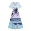 Robe de Vacances Scène de Palmier à Manches Bouffantes à Col V - Bleu clair L | US 8-10