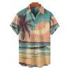 Chemise de Vacances de Plage Décontracté Paysage de Palmier et Coucher du Soleil Imprimés à Manches Courtes - Vert clair XL