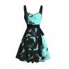 Halloween Contrast Color Bat Print Ruched Belt Dress And Heart Shape Drop Earrings Faux Leather Choker Necklace Outfit - Noir S | US 4