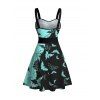 Halloween Contrast Color Bat Print Ruched Belt Dress And Heart Shape Drop Earrings Faux Leather Choker Necklace Outfit - Noir S | US 4