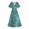 Leaf Texture Print Flutter Sleeve V Neck Split Hem Midi Dress And Long Sleeve Button Up Shirt Matching Outfit - Vert clair S | US 4