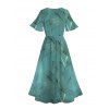 Leaf Texture Print Flutter Sleeve V Neck Split Hem Midi Dress And Long Sleeve Button Up Shirt Matching Outfit - Vert clair S | US 4