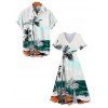 Beach Palm Tree Scenic Print Flutter Sleeve V Neck Midi Dress And Short Sleeve Shirt Vacation Outfit - Vert profond S