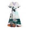 Beach Palm Tree Scenic Print Flutter Sleeve V Neck Midi Dress And Short Sleeve Shirt Vacation Outfit - Vert profond S