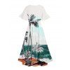 Beach Palm Tree Scenic Print Flutter Sleeve V Neck Midi Dress And Short Sleeve Shirt Vacation Outfit - Vert profond S