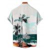 Beach Palm Tree Scenic Print Flutter Sleeve V Neck Midi Dress And Short Sleeve Shirt Vacation Outfit - Vert profond S